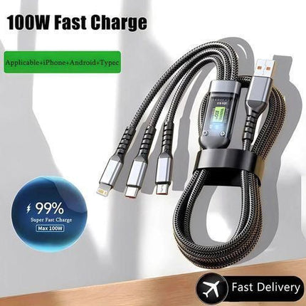Câble 3-en-1 100W Fast Charging - USB vers Lightning + USB-C + Micro-USB