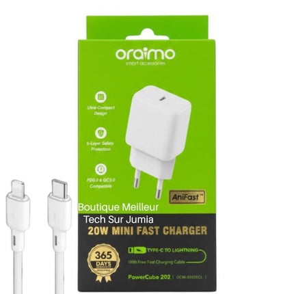 Oraimo Chargeur Rapide 20W PowerCube 202 - Fast Charge + Câble Lightning iPhone