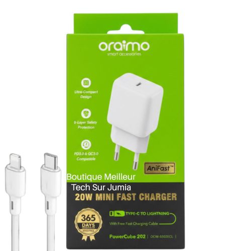 Oraimo Chargeur Rapide 20W PowerCube 202 - Fast Charge + Câble Lightning iPhone